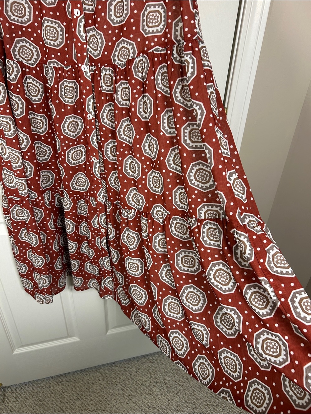 Sleeveless Rust Patterned Button-Front Maxi Dress Size M - Picture 4 of 6